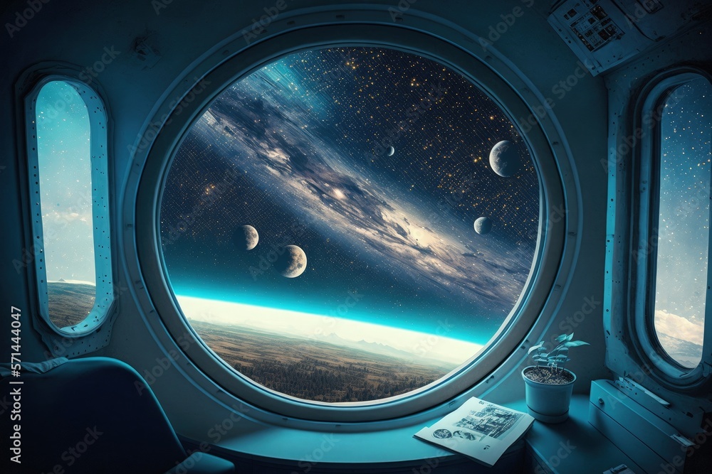 Poster a spaceship cabin with a view of the universe and faraway planets. generative ai