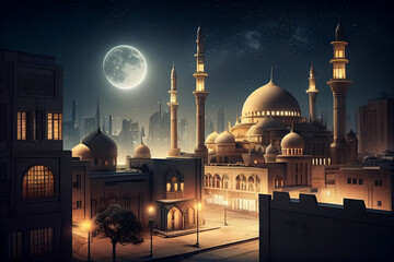 A mosque lit up at night with a full moon. Eid Mubarak