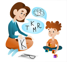 The boy is engaged with a speech therapist. Child training basic language skills with speech therapist isolated flat vector illustration. Articulation problem and speech therapy concept. 