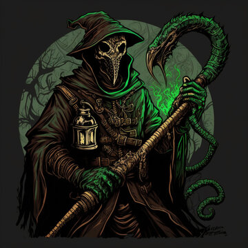 grim reaper with scythe on a horror dark green light background 
