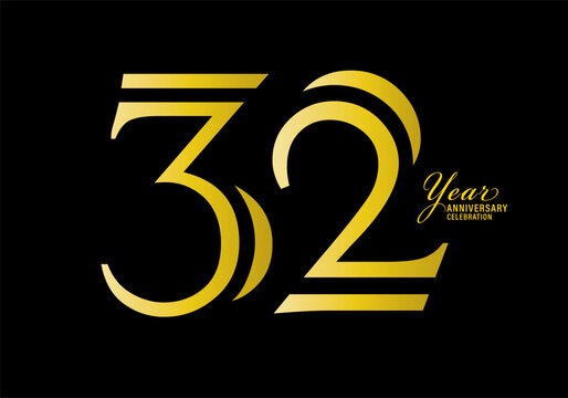 32 years anniversary celebration logotype gold color vector, 32th birthday logo,32 number, anniversary year banner, anniversary design elements for invitation card and poster. number design vector