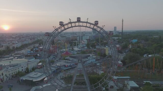 Frontal shot, Vienna Prater during sunset, aerial view.