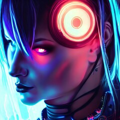 Beautiful cyberpunk woman in neon light. AI