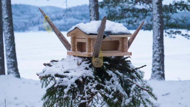 Wooden birds visiting a bird table to feed.