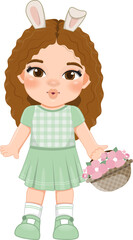 Happy Easter Day with Cute Girls Holding  Flower Basket Cartoon Character PNG
