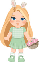 Happy Easter Day with Cute Girls Holding  Flower Basket Cartoon Character PNG