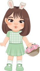 Happy Easter Day with Cute Girls Holding  Flower Basket Cartoon Character PNG