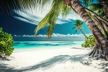 beach on a Maldives island. White sand beaches and palm trees can be found in a tropical summer landscape. travel destination for the affluent. exotic beachfront setting. amazing nature, unwind, and f