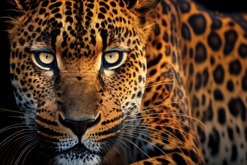 This image shows the leopard up close ( panther, Panthera pardus). Generative AI