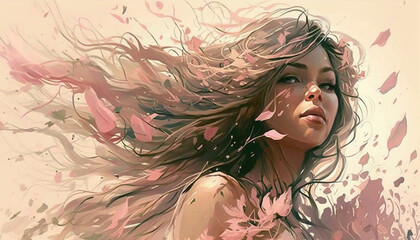  Girl, flowing,  hair, pink, summer, breeze,. Flower, petals, vines, ilustration