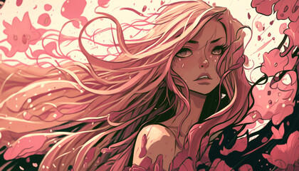  Girl, flowing,  hair, pink, summer, breeze,. Flower, petals, vines, ilustration