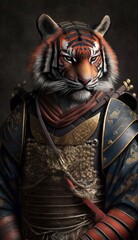 Majestic Animal Tiger Shogun in Samurai Armor: A Depiction of Japanese Culture, Armor, Feudal Japan, Bushido, Warrior, Castle, Shogun, Feudal Lord, Ronin (generative AI)