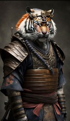 Fototapeta na wymiar Majestic Animal Tiger Shogun in Samurai Armor: A Depiction of Japanese Culture, Armor, Feudal Japan, Bushido, Warrior, Castle, Shogun, Feudal Lord, Ronin (generative AI)