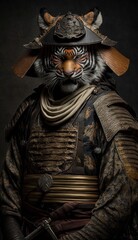Obraz premium Majestic Animal Tiger Shogun in Samurai Armor: A Depiction of Japanese Culture, Armor, Feudal Japan, Bushido, Warrior, Castle, Shogun, Feudal Lord, Ronin (generative AI)