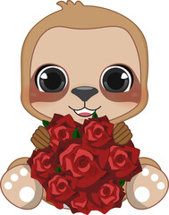 Happy Valentine s day with cute cartoon little Valentine sloth in love holding rose cartoon character PNG