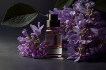 Obraz na płótnie Canvas Unique and aromatic oil for body care. Lilac flower products photography made with Generative AI