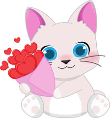 Happy Valentine s day with cute cartoon little Valentine cat in love holding heart flower bunch cartoon character PNG