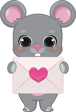 Happy Valentine s day with cute cartoon little Valentine rat in love holding love letter cartoon character PNG