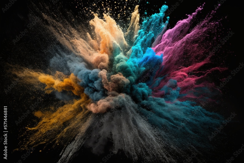 Poster decorative abstract chaotic color explosion of powder with copy space on a dark backdrop. generative