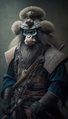 Majestic Animal Baboon Shogun in Samurai Armor: A Depiction of Japanese Culture, Armor, Feudal Japan, Bushido, Warrior, Castle, Shogun, Feudal Lord, Ronin (generative AI)