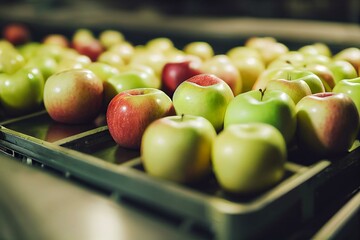 Clean and fresh gala apples on a conveyor belt in a fruit packaging warehouse. Generative AI
