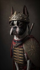 Majestic Animal Boston Terrier Shogun in Samurai Armor: A Depiction of Japanese Culture, Armor, Feudal Japan, Bushido, Warrior, Castle, Shogun, Feudal Lord, Ronin (generative AI)