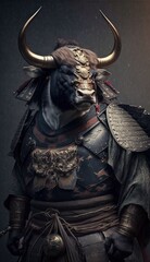 Majestic Animal Bull Shogun in Samurai Armor: A Depiction of Japanese Culture, Armor, Feudal Japan, Bushido, Warrior, Castle, Shogun, Feudal Lord, Ronin (generative AI)
