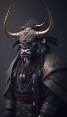 Naklejka premium Majestic Animal Bull Shogun in Samurai Armor: A Depiction of Japanese Culture, Armor, Feudal Japan, Bushido, Warrior, Castle, Shogun, Feudal Lord, Ronin (generative AI)