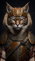 Majestic Animal cougar Shogun in Samurai Armor: A Depiction of Japanese Culture, Armor, Feudal Japan, Bushido, Warrior, Castle, Shogun, Feudal Lord, Ronin (generative AI)