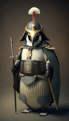 Majestic Animal Emperor Penguin Shogun in Samurai Armor: A Depiction of Japanese Culture, Armor, Feudal Japan, Bushido, Warrior, Castle, Shogun, Feudal Lord, Ronin (generative AI)