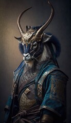 Majestic Animal Ibex Shogun in Samurai Armor: A Depiction of Japanese Culture, Armor, Feudal Japan, Bushido, Warrior, Castle, Shogun, Feudal Lord, Ronin (generative AI)