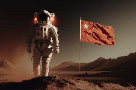 astronaut standing in front of china flag on planet mars. Generative Ai