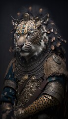Majestic Animal Leopard Shogun in Samurai Armor: A Depiction of Japanese Culture, Armor, Feudal Japan, Bushido, Warrior, Castle, Shogun, Feudal Lord, Ronin (generative AI)