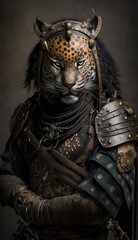 Fototapeta na wymiar Majestic Animal Leopard Shogun in Samurai Armor: A Depiction of Japanese Culture, Armor, Feudal Japan, Bushido, Warrior, Castle, Shogun, Feudal Lord, Ronin (generative AI)