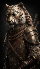 Majestic Animal Leopard Shogun in Samurai Armor: A Depiction of Japanese Culture, Armor, Feudal Japan, Bushido, Warrior, Castle, Shogun, Feudal Lord, Ronin (generative AI)