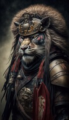 Majestic Animal Lion Shogun in Samurai Armor: A Depiction of Japanese Culture, Armor, Feudal Japan, Bushido, Warrior, Castle, Shogun, Feudal Lord, Ronin (generative AI)