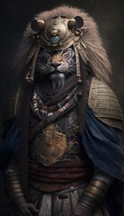 Obraz premium Majestic Animal Lion Shogun in Samurai Armor: A Depiction of Japanese Culture, Armor, Feudal Japan, Bushido, Warrior, Castle, Shogun, Feudal Lord, Ronin (generative AI)
