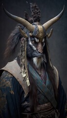 Obraz premium Majestic Animal Markhor Shogun in Samurai Armor: A Depiction of Japanese Culture, Armor, Feudal Japan, Bushido, Warrior, Castle, Shogun, Feudal Lord, Ronin (generative AI)