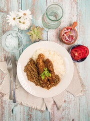 Fried fish egg cup with lentils  hueveras fritas Assorted food plates Peru traditional comfort food buffet table