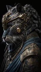Fototapeta premium Majestic Animal Panther Shogun in Samurai Armor: A Depiction of Japanese Culture, Armor, Feudal Japan, Bushido, Warrior, Castle, Shogun, Feudal Lord, Ronin (generative AI)