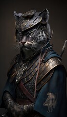 Majestic Animal Panther Shogun in Samurai Armor: A Depiction of Japanese Culture, Armor, Feudal Japan, Bushido, Warrior, Castle, Shogun, Feudal Lord, Ronin (generative AI)