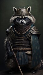 Fototapeta na wymiar Majestic Animal Raccoon Shogun in Samurai Armor: A Depiction of Japanese Culture, Armor, Feudal Japan, Bushido, Warrior, Castle, Shogun, Feudal Lord, Ronin (generative AI)