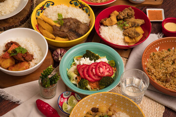 Assorted food plates Peru traditional comfort food buffet table