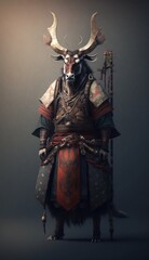 Fototapeta premium Majestic Animal Reindeer Shogun in Samurai Armor: A Depiction of Japanese Culture, Armor, Feudal Japan, Bushido, Warrior, Castle, Shogun, Feudal Lord, Ronin (generative AI)