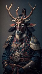 Majestic Animal Reindeer Shogun in Samurai Armor: A Depiction of Japanese Culture, Armor, Feudal Japan, Bushido, Warrior, Castle, Shogun, Feudal Lord, Ronin (generative AI)