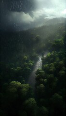 Fototapeta na wymiar Aerial view of rain over the forest. Generative art