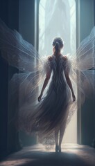 Rear view of a fairy woman with butterfly wings. Pastel colored illustration generated by Ai