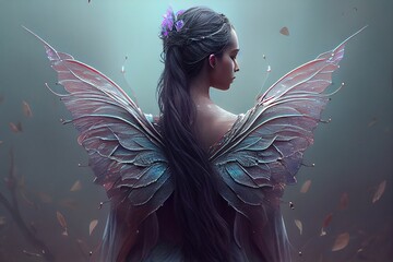 Rear view of a fairy woman with butterfly wings. Pastel colored illustration generated by Ai - obrazy, fototapety, plakaty