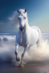 Gorgeous white horse running at the beach. Generative art