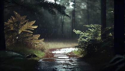 Footpath in the woods under the rain. Generative art